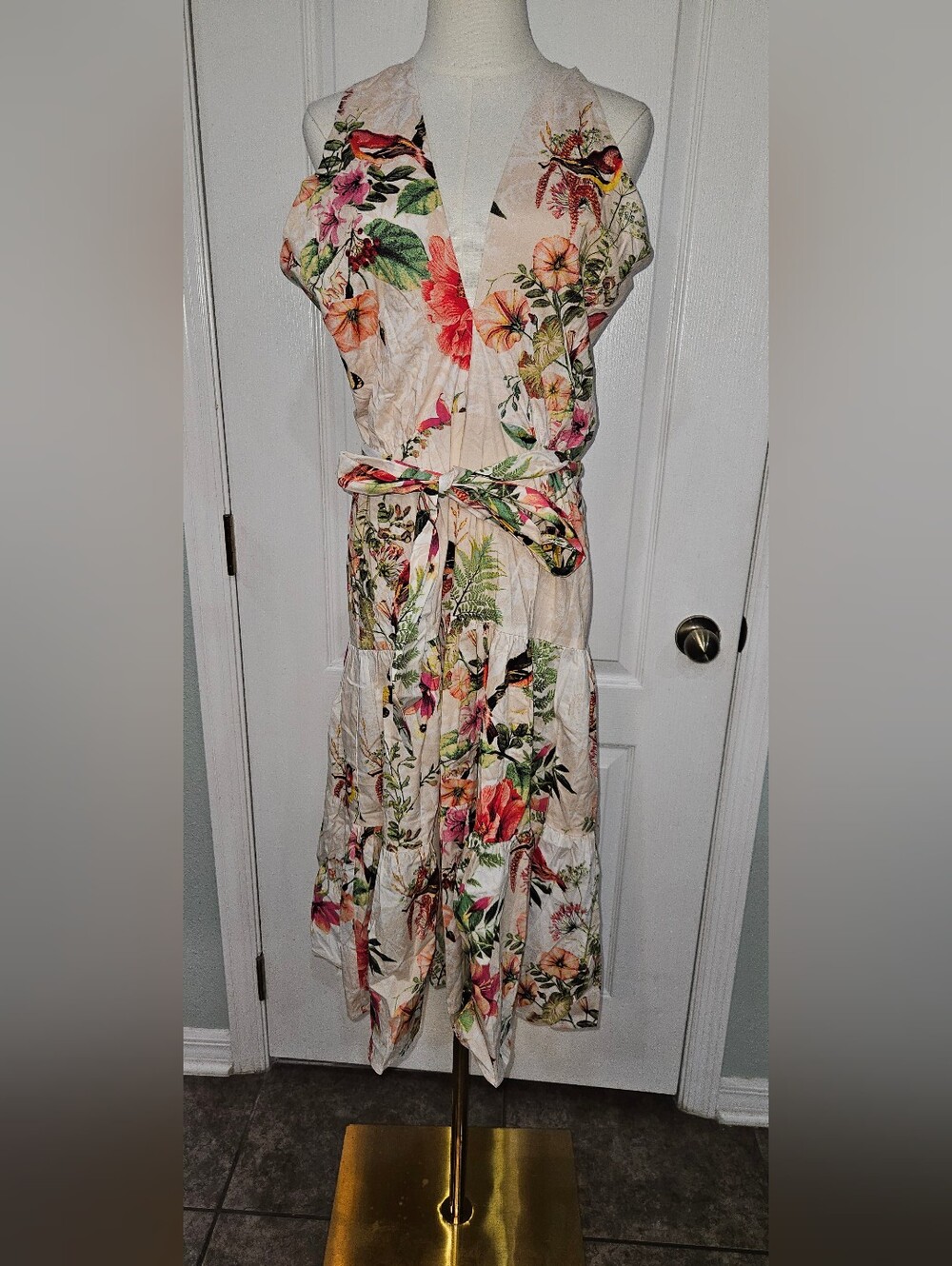 Floral Tie-Waist Midi Dress in Pink & Green
